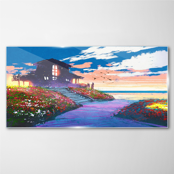 Tableau en verre Coucher de soleil sur le rivage fleuri