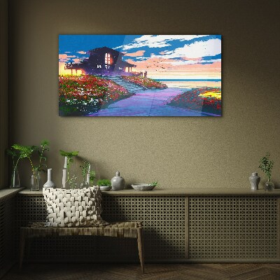 Tableau en verre Coucher de soleil sur le rivage fleuri