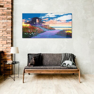 Tableau en verre Coucher de soleil sur le rivage fleuri