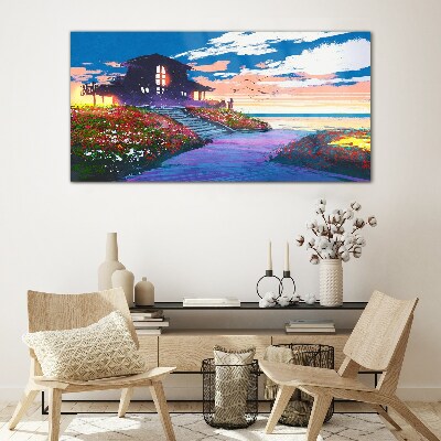 Tableau en verre Coucher de soleil sur le rivage fleuri