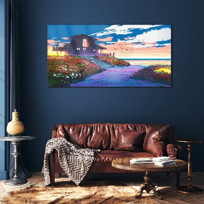 Tableau en verre Coucher de soleil sur le rivage fleuri