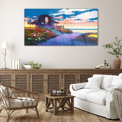 Tableau en verre Coucher de soleil sur le rivage fleuri