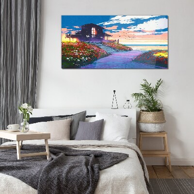 Tableau en verre Coucher de soleil sur le rivage fleuri