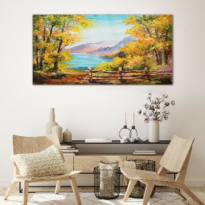 Tableau imprimé sur verre Paysage d'automne au bord du lac