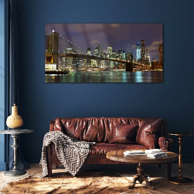 Tableau photo sur verre Le pont de Brooklyn dans la lueur nocturne