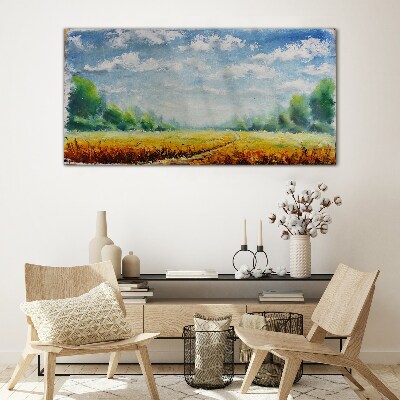Tableau photo sur verre Champs d'été sous un ciel bleu
