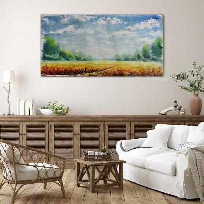 Tableau photo sur verre Champs d'été sous un ciel bleu