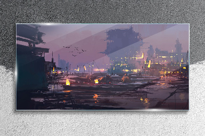 Tableau sur verre Coucher de soleil sur le port