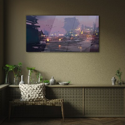 Tableau sur verre Coucher de soleil sur le port