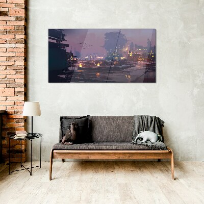 Tableau sur verre Coucher de soleil sur le port