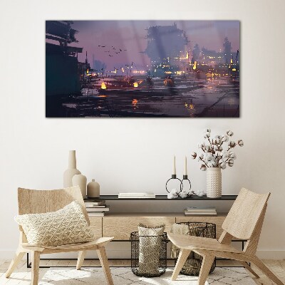 Tableau sur verre Coucher de soleil sur le port