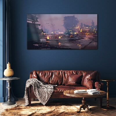 Tableau sur verre Coucher de soleil sur le port