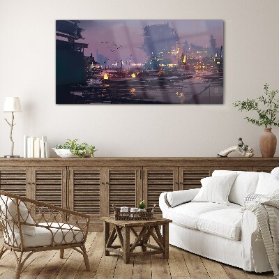 Tableau sur verre Coucher de soleil sur le port