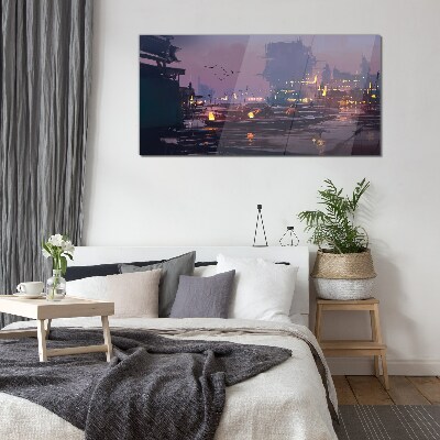 Tableau sur verre Coucher de soleil sur le port