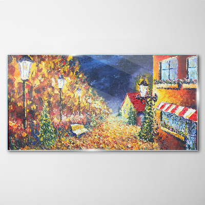Tableau verre imprimé Avenue dorée à la lueur des lanternes