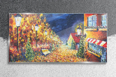 Tableau verre imprimé Avenue dorée à la lueur des lanternes