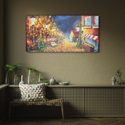 Tableau verre imprimé Avenue dorée à la lueur des lanternes