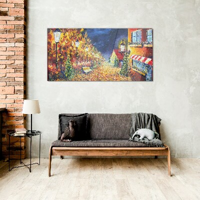 Tableau verre imprimé Avenue dorée à la lueur des lanternes