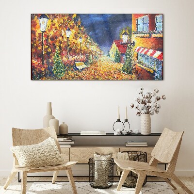 Tableau verre imprimé Avenue dorée à la lueur des lanternes