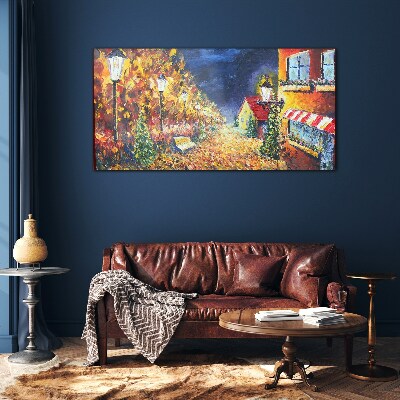 Tableau verre imprimé Avenue dorée à la lueur des lanternes