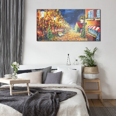 Tableau verre imprimé Avenue dorée à la lueur des lanternes