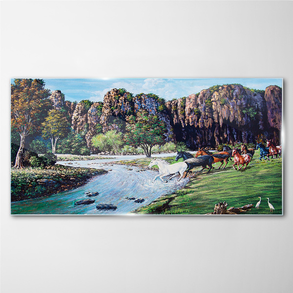 Tableau imprimé sur verre Paysage avec des chevaux au bord de la rivière