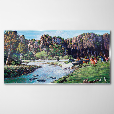 Tableau imprimé sur verre Paysage avec des chevaux au bord de la rivière