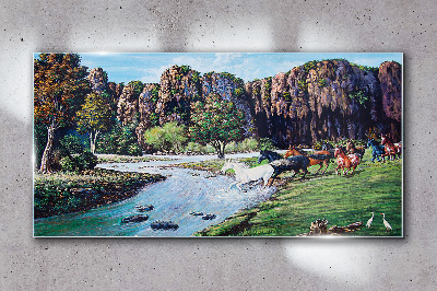 Tableau imprimé sur verre Paysage avec des chevaux au bord de la rivière