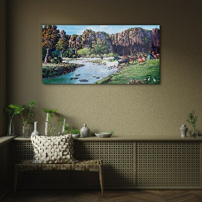 Tableau imprimé sur verre Paysage avec des chevaux au bord de la rivière