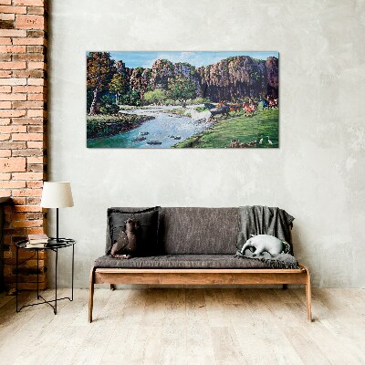 Tableau imprimé sur verre Paysage avec des chevaux au bord de la rivière