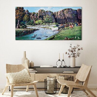 Tableau imprimé sur verre Paysage avec des chevaux au bord de la rivière