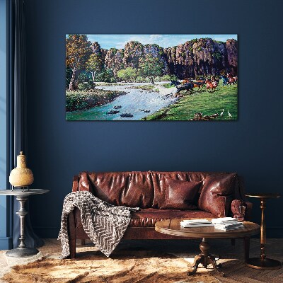 Tableau imprimé sur verre Paysage avec des chevaux au bord de la rivière