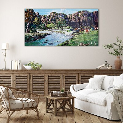 Tableau imprimé sur verre Paysage avec des chevaux au bord de la rivière