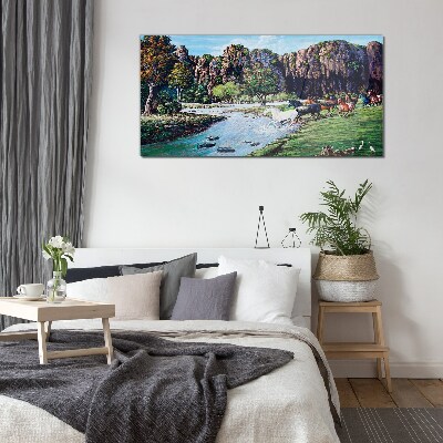 Tableau imprimé sur verre Paysage avec des chevaux au bord de la rivière