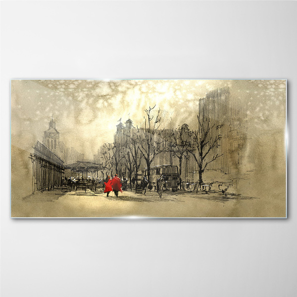 Tableau photo sur verre Manteau rouge dans le paysage urbain