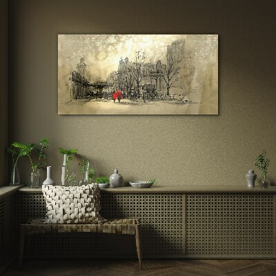 Tableau photo sur verre Manteau rouge dans le paysage urbain