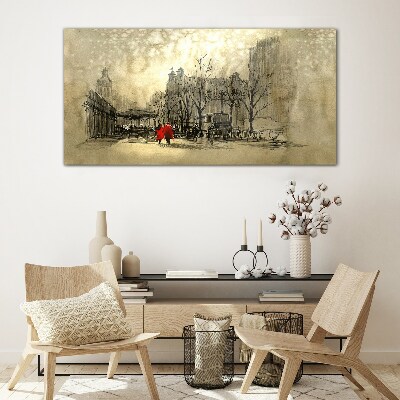 Tableau photo sur verre Manteau rouge dans le paysage urbain