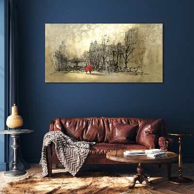 Tableau photo sur verre Manteau rouge dans le paysage urbain