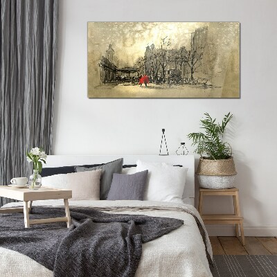 Tableau photo sur verre Manteau rouge dans le paysage urbain