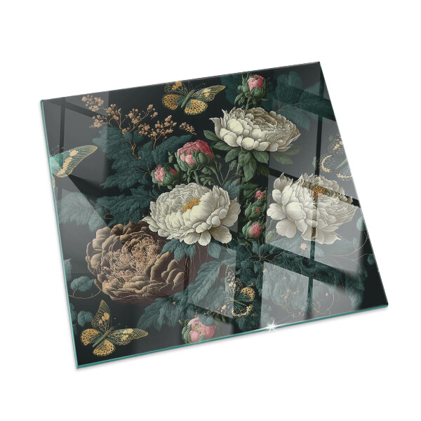 Plaque de sol en verre pour poêle Papillons sur fond de fleurs