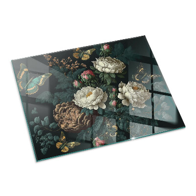 Plaque de sol en verre pour poêle Papillons sur fond de fleurs