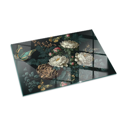Plaque de sol en verre pour poêle Papillons sur fond de fleurs