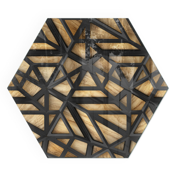Vitre sous poêle à bois hexagonal Motifs géométriques sur fond de bois
