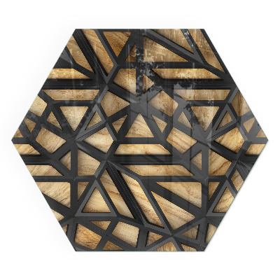 Vitre sous poêle à bois hexagonal Motifs géométriques sur fond de bois