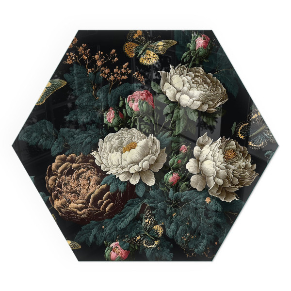 Verre sous poêle à bois hexagonal Papillons sur un fond de fleurs