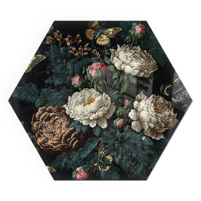 Verre sous poêle à bois hexagonal Papillons sur un fond de fleurs