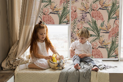 Store enrouleur Flamants roses et fleurs