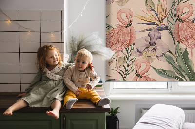 Store enrouleur Flamants roses et fleurs