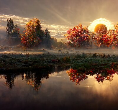 Store intérieur Coucher de soleil derrière les arbres