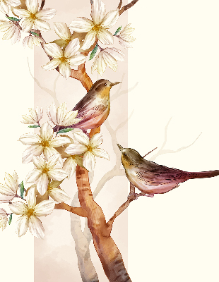 Store enrouleur Oiseaux sur un arbre avec des fleurs